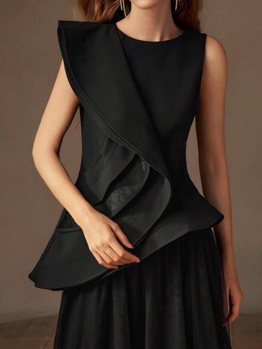 Black Elegant Women's Premium Layered Ruffle Trim Asymmetrical Hem Peplum Top - Picture 9 of 10
